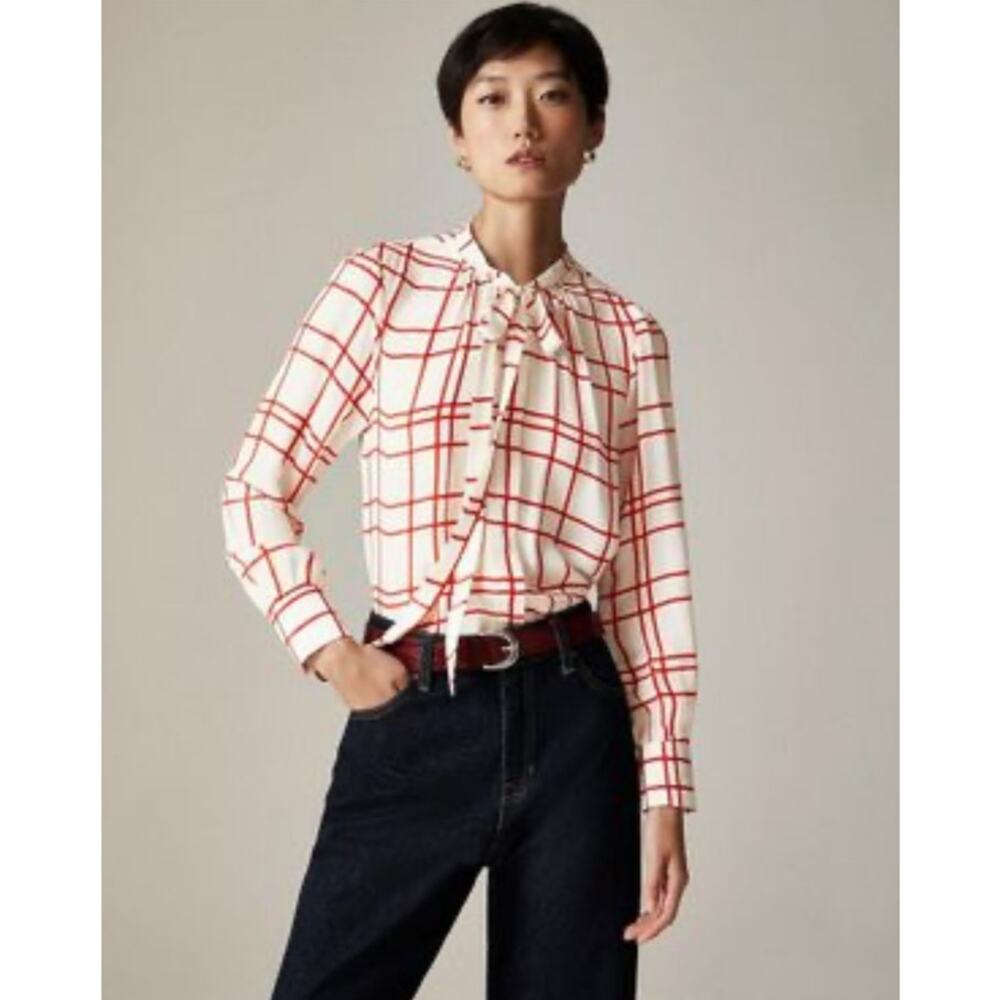 J Crew Tie Neck Plaid Crepe De Chine Long Sleeve Top US Women's 0 New